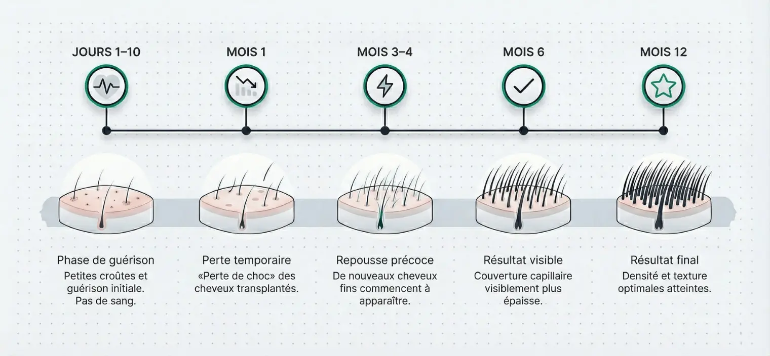 Chronologie des résultats de greffe de cheveux mois par mois — Renaissance Clinique Infographie chronologie des résultats de greffe de cheveux : phase de guérison (jours 1-10), perte de choc (mois 1), repousse précoce (mois 3-4), résultat visible (mois 6) et résultat final dense (mois 12) chez Renaissance Clinique Istanbul.
