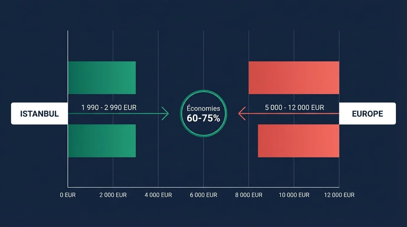Comparaison des prix de greffe de barbe 2026 — Turquie vs Europe | Renaissance Clinique Infographie comparative des prix de greffe de barbe par pays en 2026 : Turquie 1 990-2 990 €, France 4 000-8 000 €, Belgique 3 500-7 000 €, Suisse 6 000-15 000 CHF