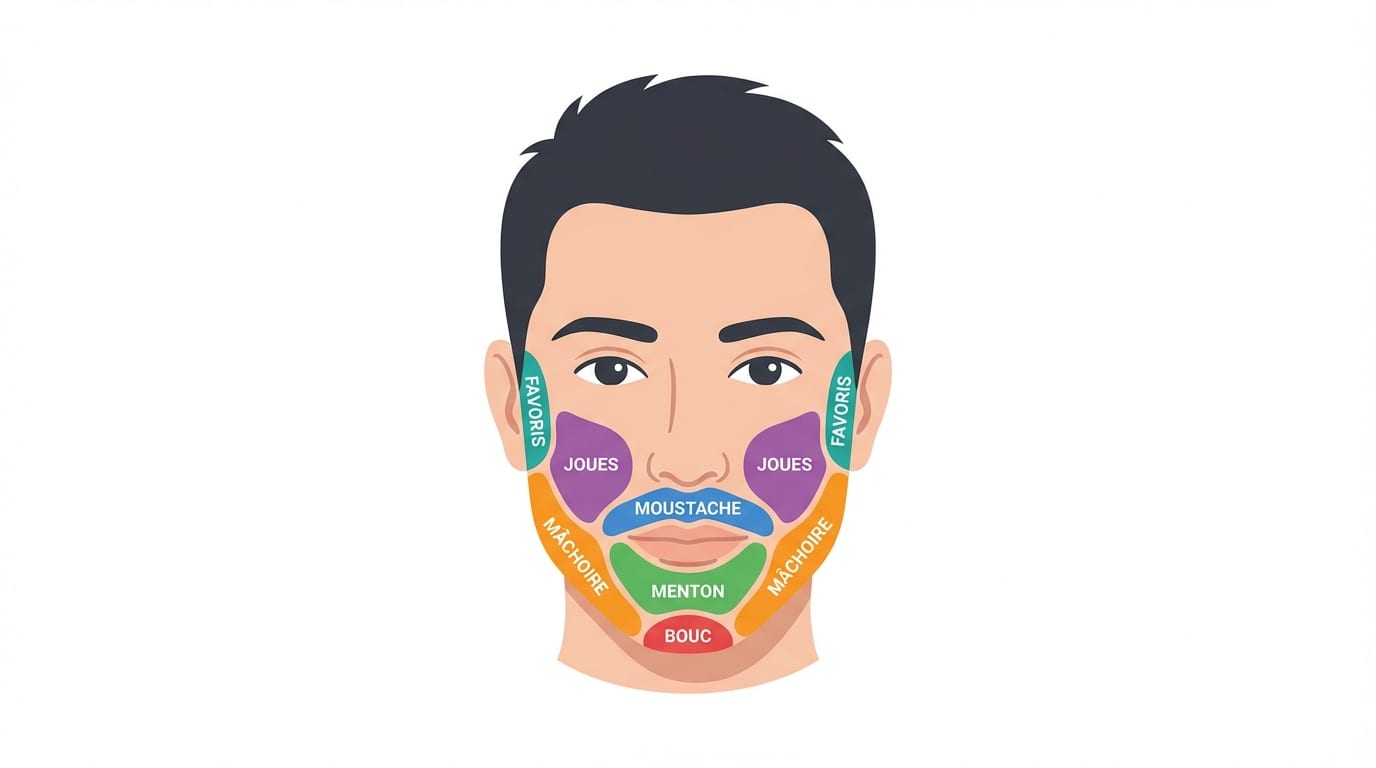 Infographie des zones de greffe de barbe avec nombre de greffons par zone : joues 800-1 500, moustache 300-700, menton et bouc 500-1 000, favoris 200-400, barbe complète 2 500-3 500