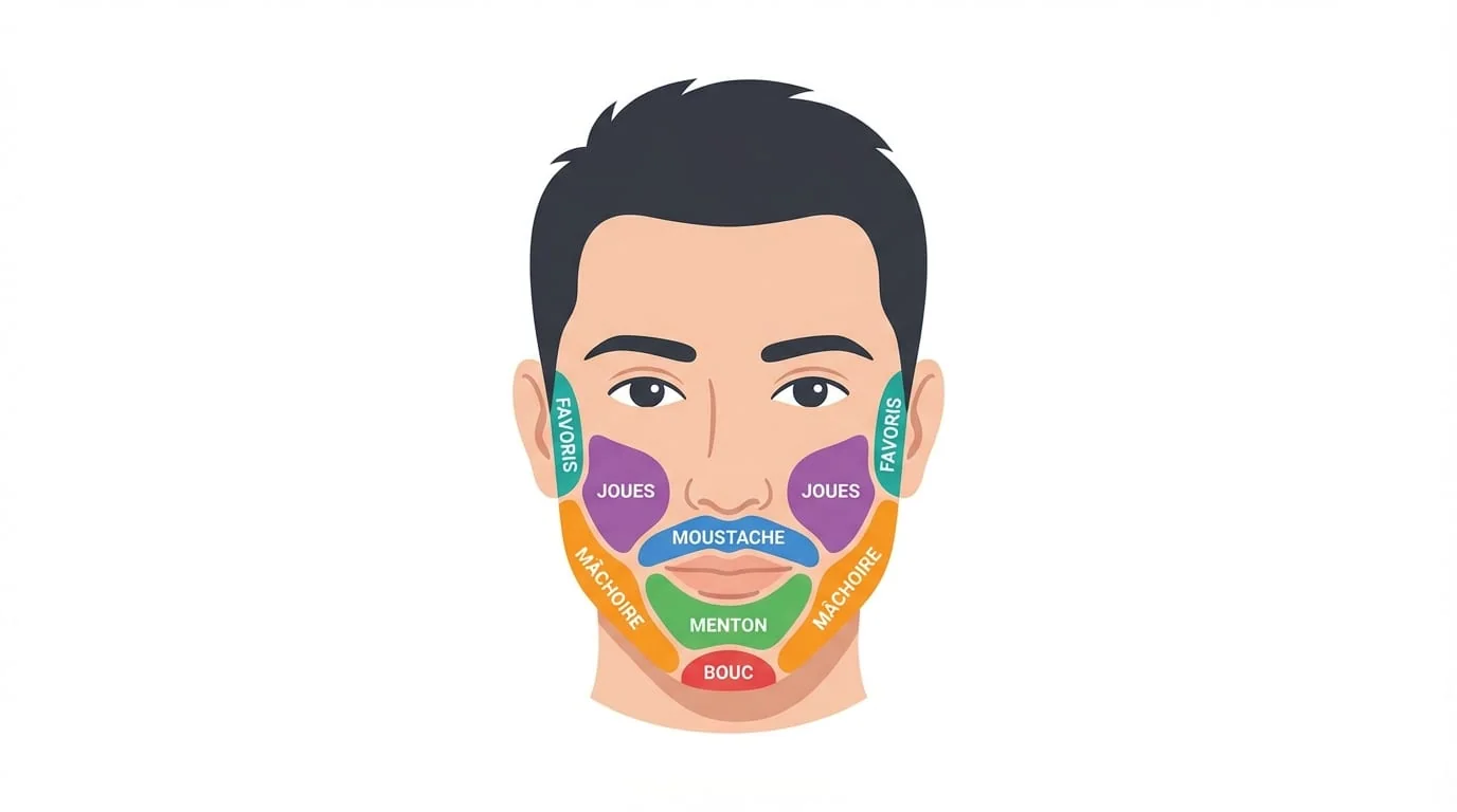 Nombre de greffons par zone de barbe — Infographie médicale | Renaissance Clinique Infographie des zones de greffe de barbe avec nombre de greffons par zone : joues 800-1 500, moustache 300-700, menton et bouc 500-1 000, favoris 200-400, barbe complète 2 500-3 500