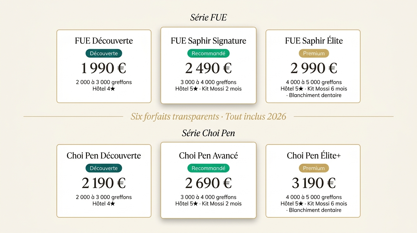 Grille tarifaire 2026 — six forfaits Renaissance Clinique : FUE Découverte 1 990 €, FUE Saphir Signature 2 490 €, FUE Saphir Élite 2 990 €, Choi Pen Découverte 2 190 €, Choi Pen Avancé 2 690 €, Choi Pen Élite+ 3 190 €