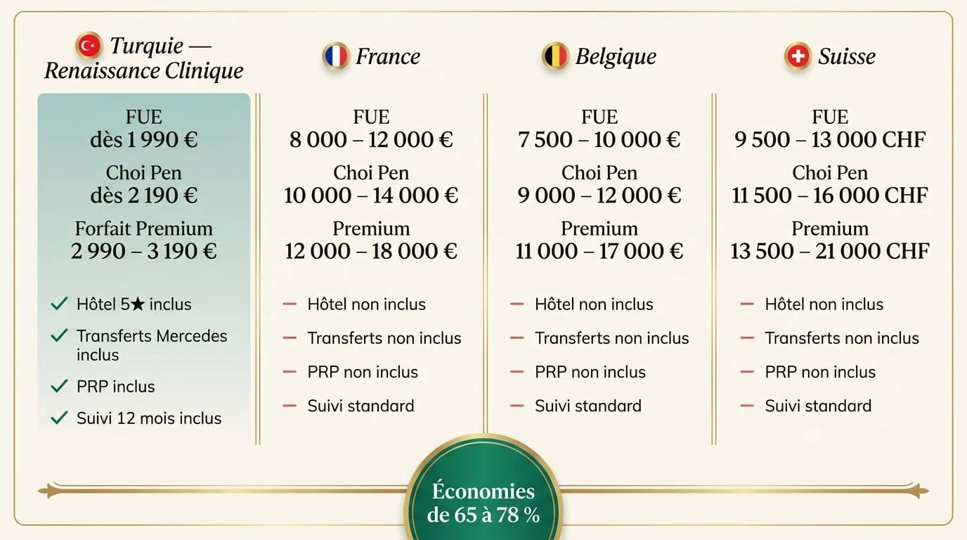 Comparatif visuel des prix de la greffe de cheveux entre la Turquie (Renaissance Clinique), la France, la Belgique et la Suisse en 2026. Économies de 65 à 78 %.