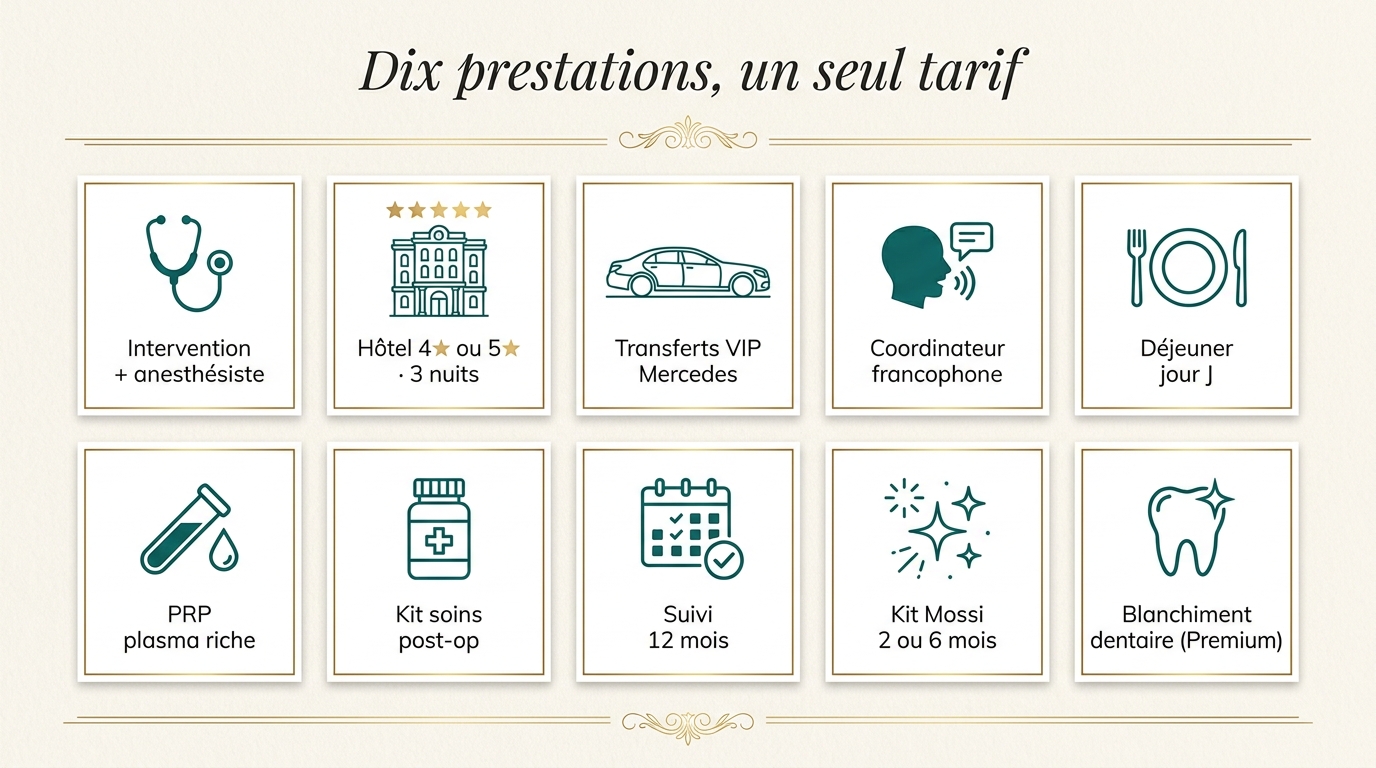 Dix prestations incluses dans chaque forfait Renaissance Clinique : intervention + anesthésiste, hôtel 4★ ou 5★, transferts Mercedes, coordinateur francophone, déjeuner jour J, PRP, kit soins post-op, suivi 12 mois, Kit Mossi, blanchiment dentaire (Premium)