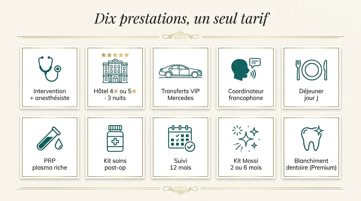 Dix prestations incluses dans chaque forfait Renaissance Clinique : intervention + anesthésiste, hôtel 4★ ou 5★, transferts Mercedes, coordinateur francophone, déjeuner jour J, PRP, kit soins post-op, suivi 12 mois, Kit Mossi, blanchiment dentaire (Premium)
