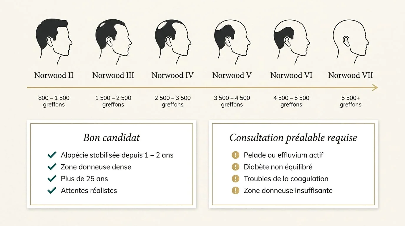 Échelle de Norwood II à VII avec volumes de greffons indicatifs, et critères de bon candidat à la greffe