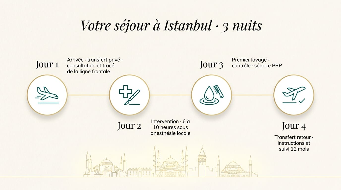 Timeline du séjour de greffe de cheveux à Istanbul sur 3 nuits : jour 1 arrivée et consultation, jour 2 intervention de 6 à 10 heures, jour 3 premier lavage et PRP, jour 4 transfert retour et ouverture du suivi 12 mois