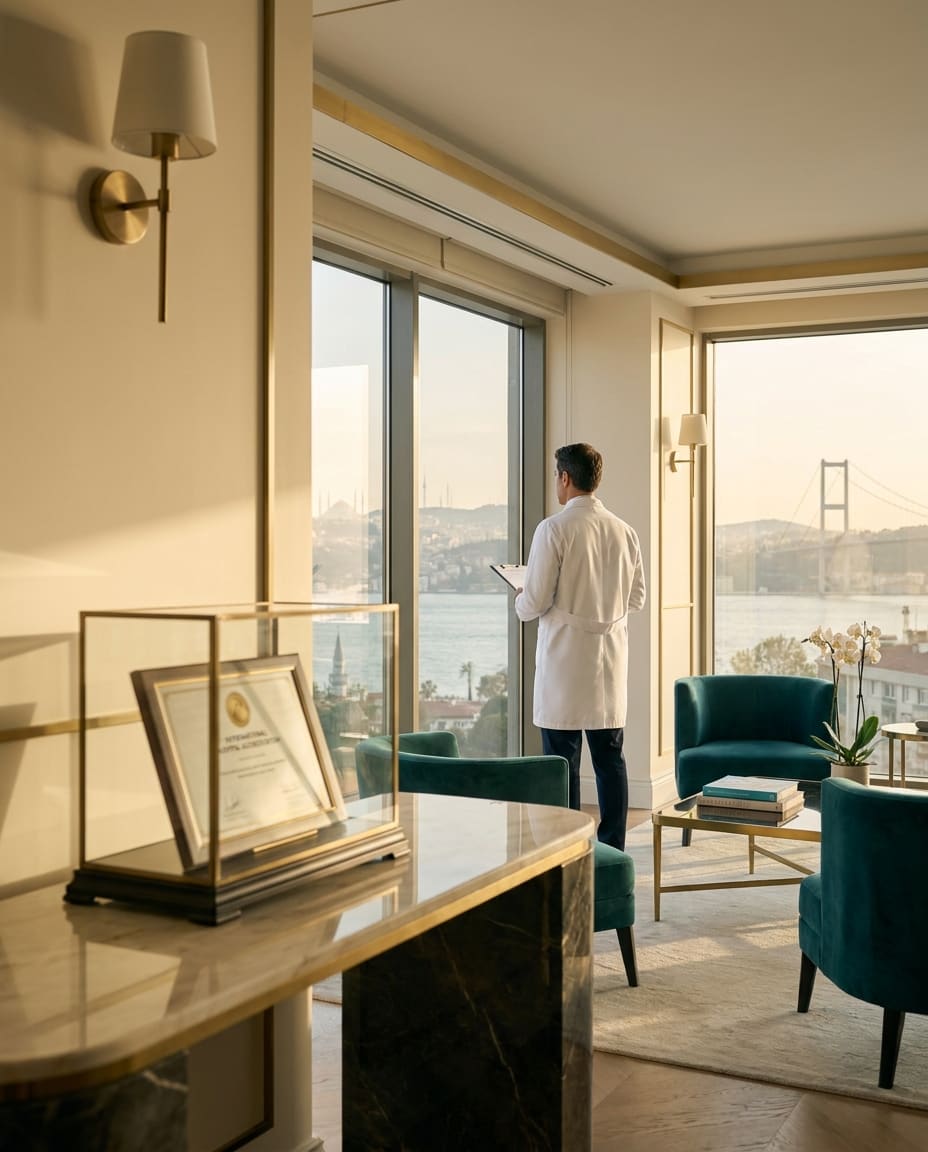 Clinique premium de greffe de cheveux à Istanbul — salon éditorial ivoire et or avec vue sur le Bosphore