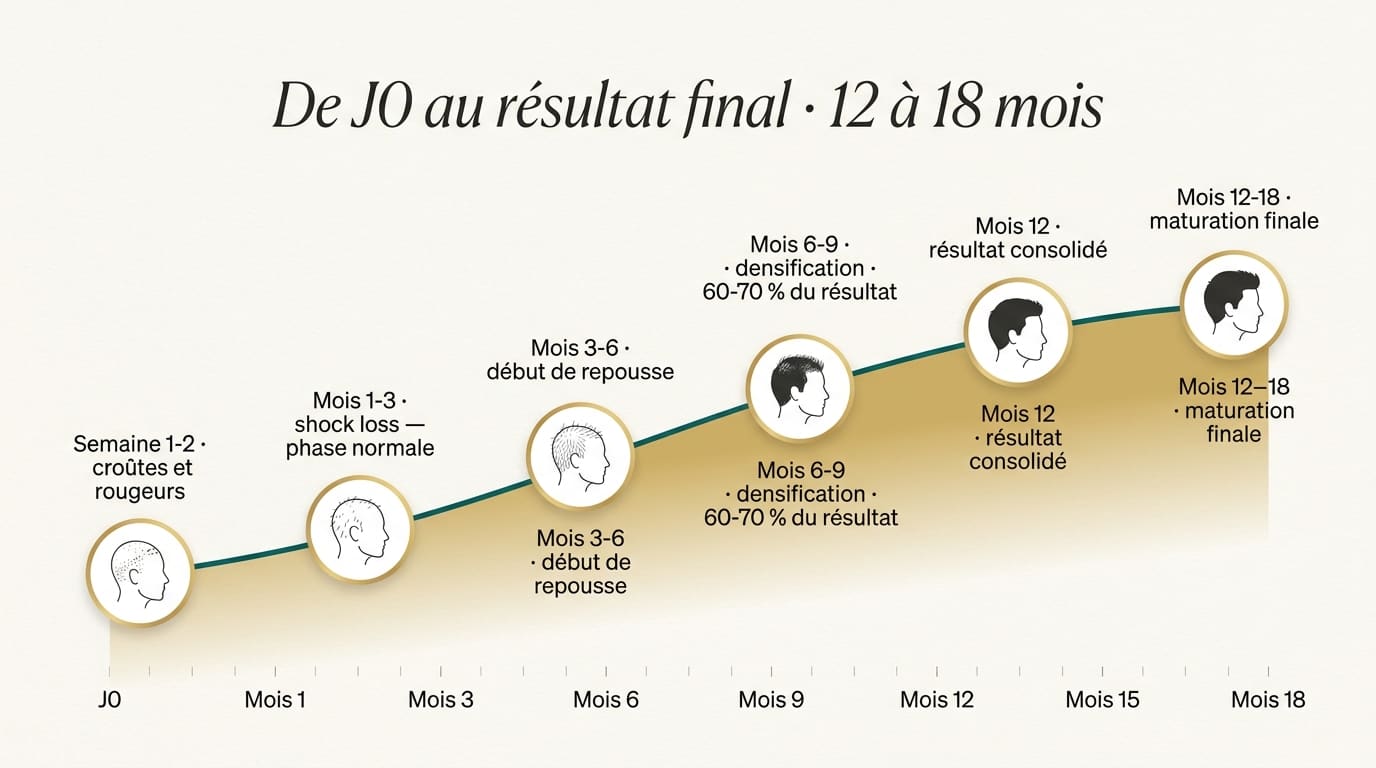 Calendrier de repousse après greffe de cheveux : croûtes semaine 1-2, shock loss mois 1-3, repousse mois 3-6, densification 60-70 % mois 6-9, maturation finale mois 12-18
