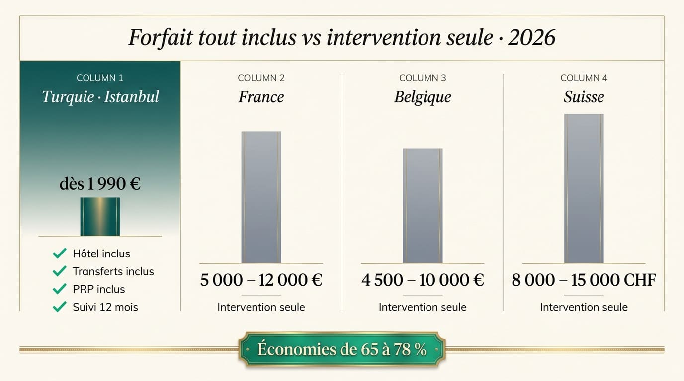Comparaison des prix de la greffe de cheveux 2026 : forfait tout inclus dès 1 990 € en Turquie contre 5 000-12 000 € en France, 4 500-10 000 € en Belgique et 8 000-15 000 CHF en Suisse — économies de 65 à 78 %