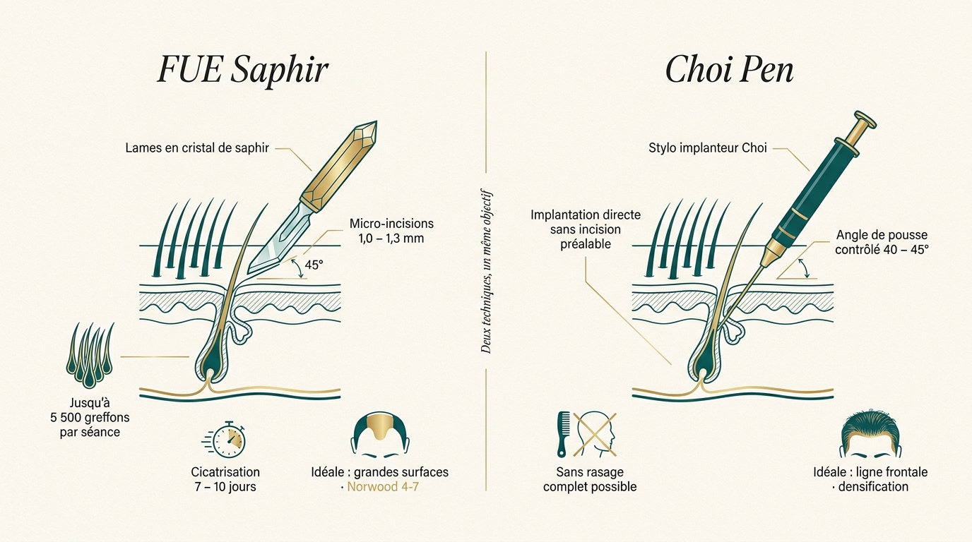 Schéma comparatif : la lame de saphir ouvre les sites receveurs (FUE Saphir) tandis que le stylo Choi implante directement le greffon