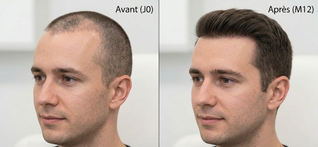 Résultat avant/après greffe de cheveux FUE Saphir à 12 mois : à gauche (Avant J0) ligne frontale dégarnie avec cuir chevelu visible et alopécie Norwood 3-4, à droite (Après M12) ligne frontale dense et naturelle avec couverture complète et cheveux épais coiffés