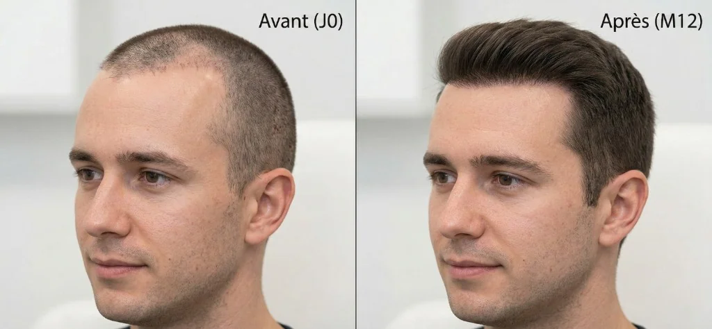 Avant/Après Greffe de Cheveux FUE Saphir à 12 Mois — Résultat Final | Renaissance Clinique Résultat avant/après greffe de cheveux FUE Saphir à 12 mois : à gauche (Avant J0) ligne frontale dégarnie avec cuir chevelu visible et alopécie Norwood 3-4, à droite (Après M12) ligne frontale dense et naturelle avec couverture complète et cheveux épais coiffés