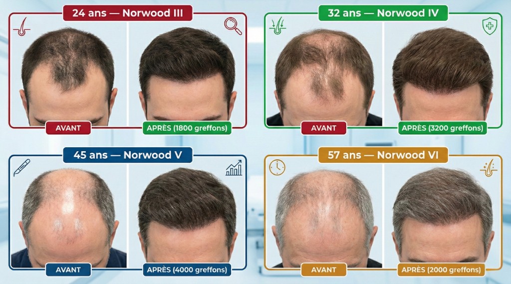 Photos avant/après de greffe de cheveux comparées par tranche d'âge : panneau 1 (bordure rouge) — 24 ans, Norwood III, golfes temporaux reculés avant et ligne frontale naturelle restaurée après avec 1 800 greffons ; panneau 2 (bordure verte) — 32 ans, Norwood IV, calvitie modérée avant et couverture dense après avec 3 200 greffons ; panneau 3 (bordure bleue) — 45 ans, Norwood V, calvitie avancée avec vertex dégarni avant et amélioration significative après avec 4 000 greffons ; panneau 4 (bordure ambre) — 57 ans, Norwood VI, calvitie étendue avant et aspect rajeuni naturel après avec 2 000 greffons. Prise de vue du sommet du crâne, éclairage clinique uniforme
