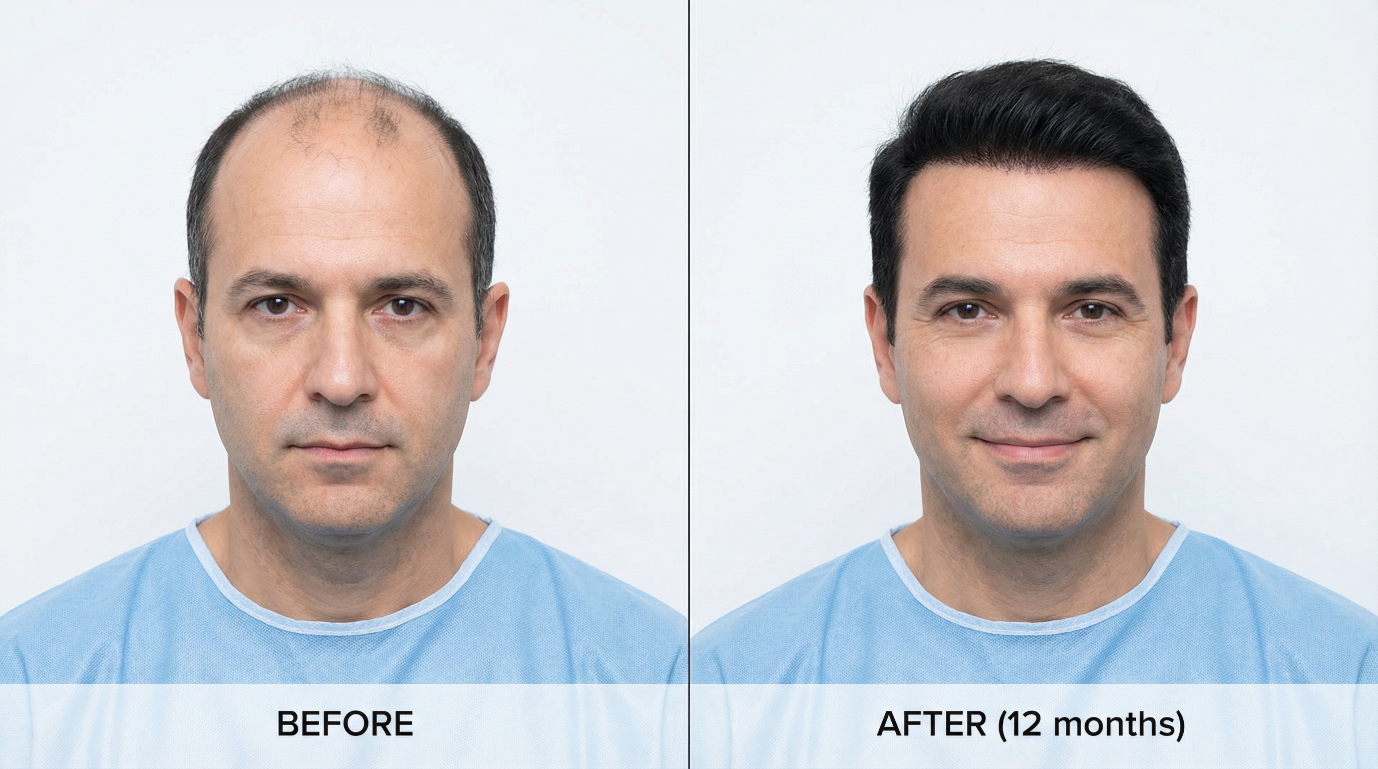 Bilan photographique à 12 mois après greffe de cheveux : comparaison standardisée J0 vs M12 montrant la transformation complète avec densité maximale atteinte