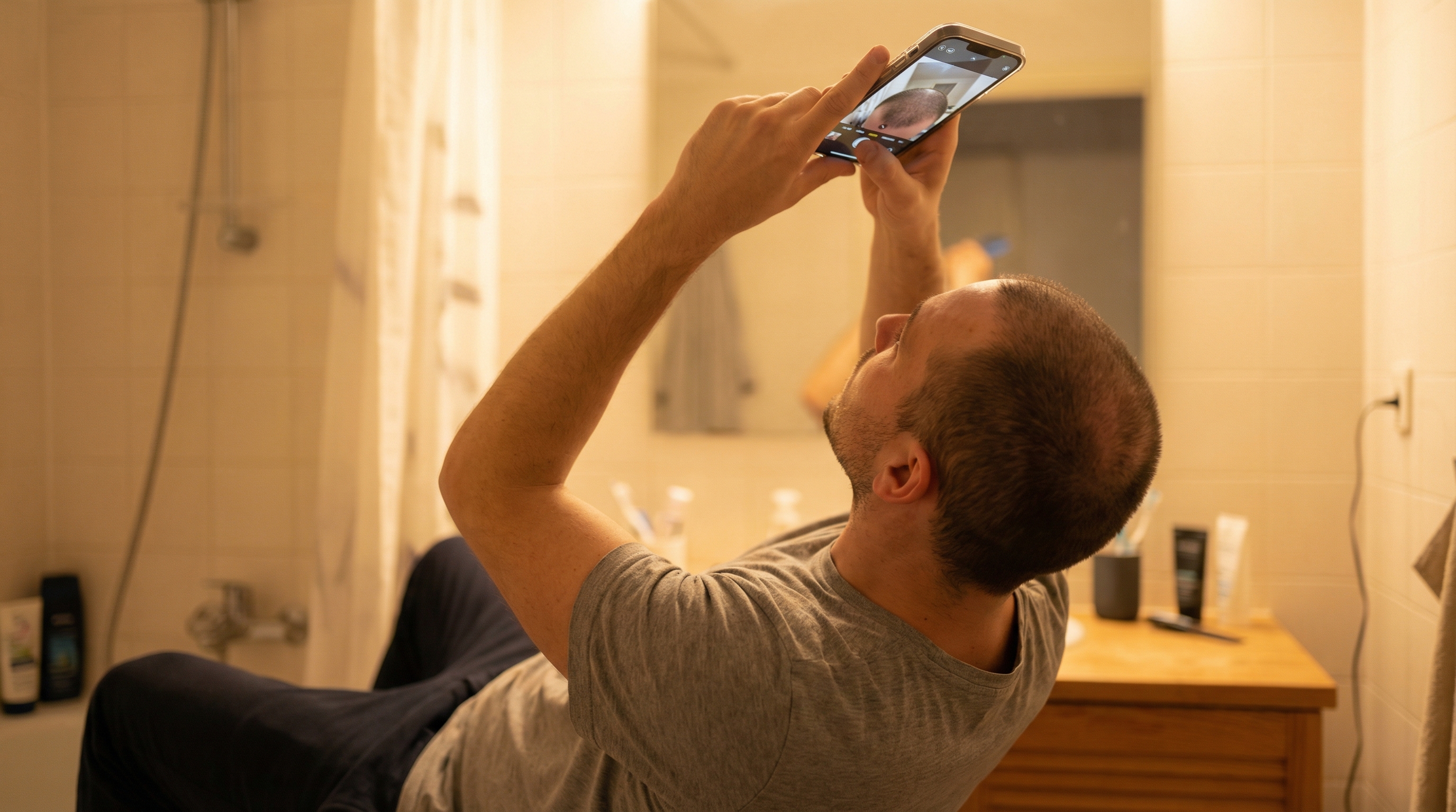 Protocole de bilan photographique à 6 mois après greffe de cheveux : comparaison standardisée J0 vs M6 montrant la progression de la densité capillaire avec éclairage et angle identiques