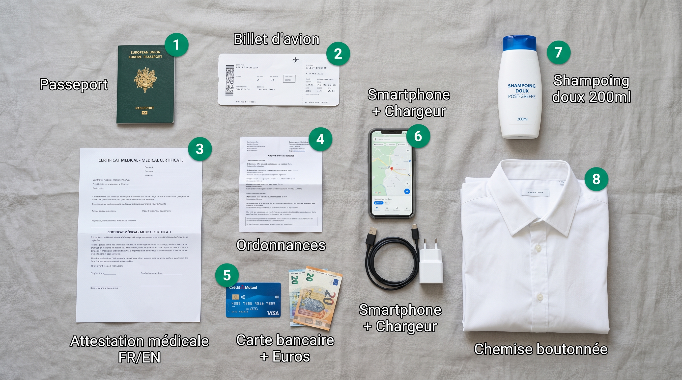 Infographie en français vue flat lay du dessus affichant exactement 8 éléments essentiels pour bagage cabine greffe cheveux Istanbul numérotés de 1 à 8 : 1 passeport vert, 2 billet d'avion papier, 3 attestation médicale papier bilingue, 4 liste médicaments ordonnance, 5 carte bancaire bleue, 6 smartphone avec chargeur, 7 flacon de shampoing doux post-greffe 200 ml, 8 chemise boutonnée en coton blanc pliée — style flat design moderne palette emerald gris blanc, badges numériques circulaires, arrangement géométrique propre sur fond gris clair