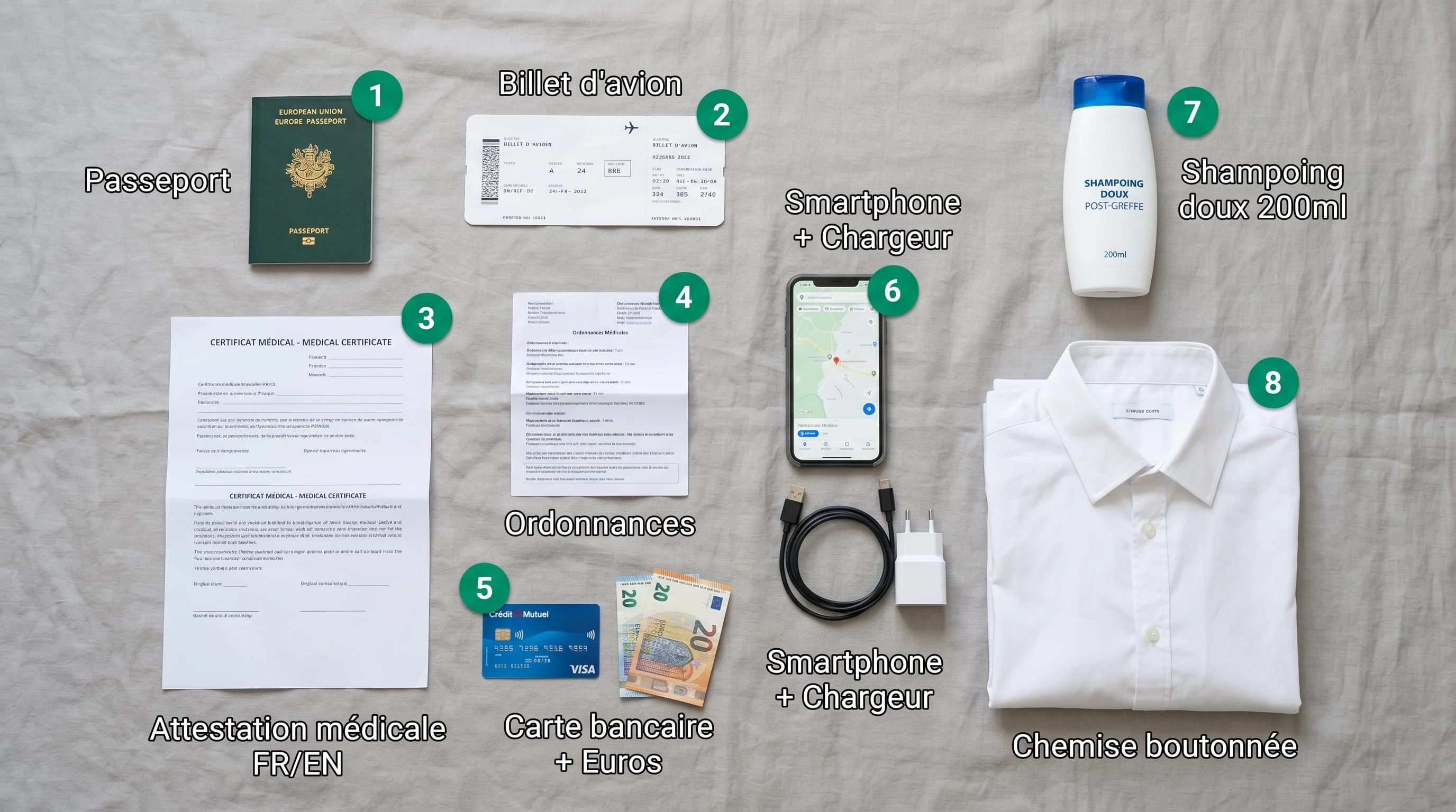 Infographie en français vue flat lay du dessus affichant exactement 8 éléments essentiels pour bagage cabine greffe cheveux Istanbul numérotés de 1 à 8 : 1 passeport vert, 2 billet d'avion papier, 3 attestation médicale papier bilingue, 4 liste médicaments ordonnance, 5 carte bancaire bleue, 6 smartphone avec chargeur, 7 flacon de shampoing doux post-greffe 200 ml, 8 chemise boutonnée en coton blanc pliée — style flat design moderne palette emerald gris blanc, badges numériques circulaires, arrangement géométrique propre sur fond gris clair