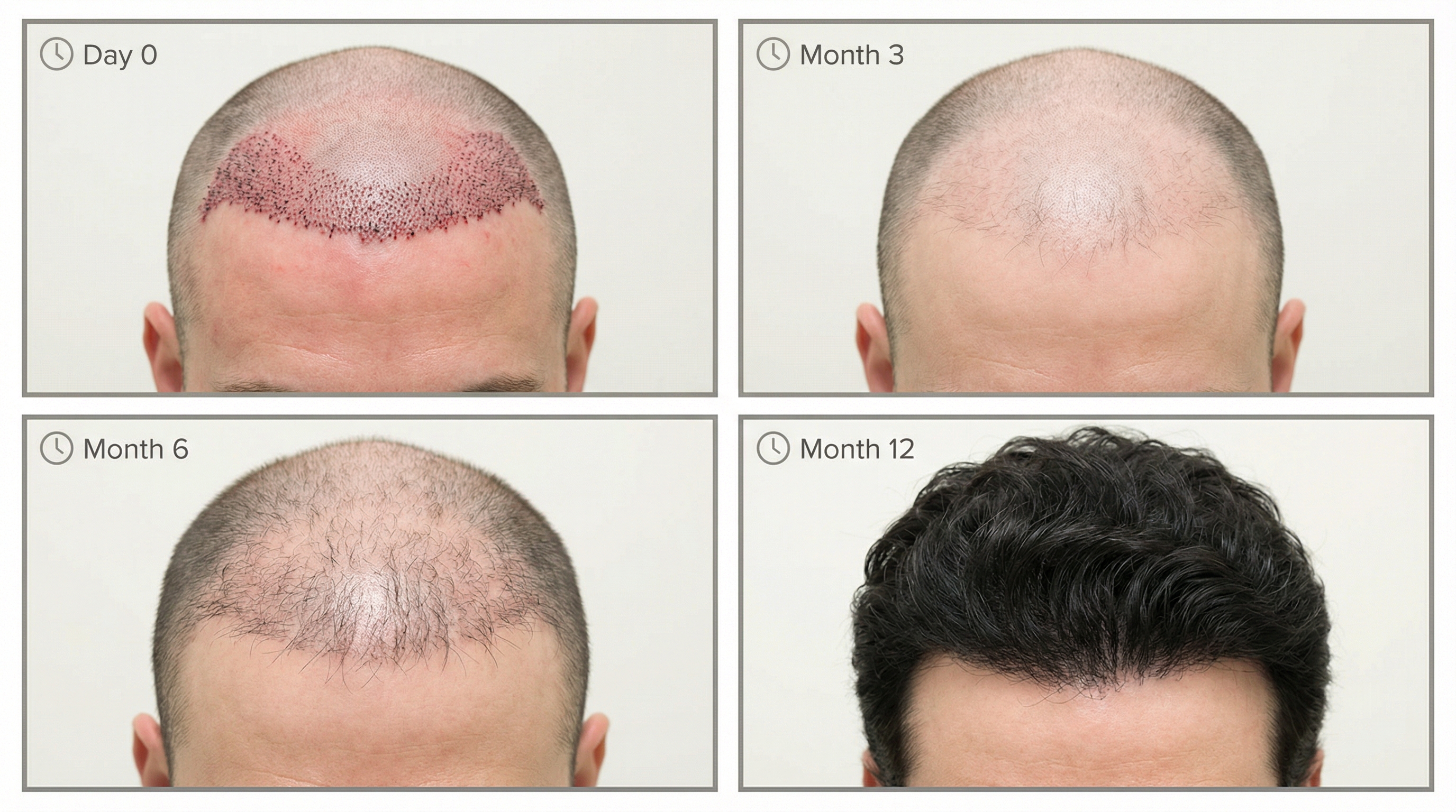 Chronologie complète de la repousse post-greffe de cheveux de J0 à M12 : 8 phases avec évolution de la densité de 0 % à 90-95 % sur 12 mois