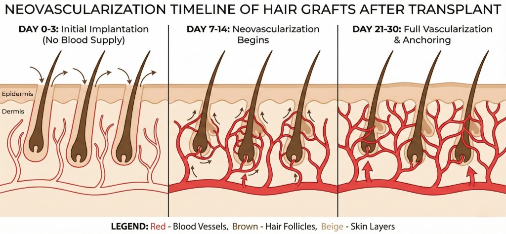 Néovascularisation des greffons capillaires — Chronologie J0 à J30 après greffe FUE Saphir ou Choi Pen | Renaissance Clinique Schéma médical de la chronologie de néovascularisation des greffons capillaires après greffe : J0-J3 implantation initiale sans vascularisation, J7-J14 début de formation de nouveaux capillaires autour des follicules, J21-J30 ancrage complet avec vascularisation totale des greffons