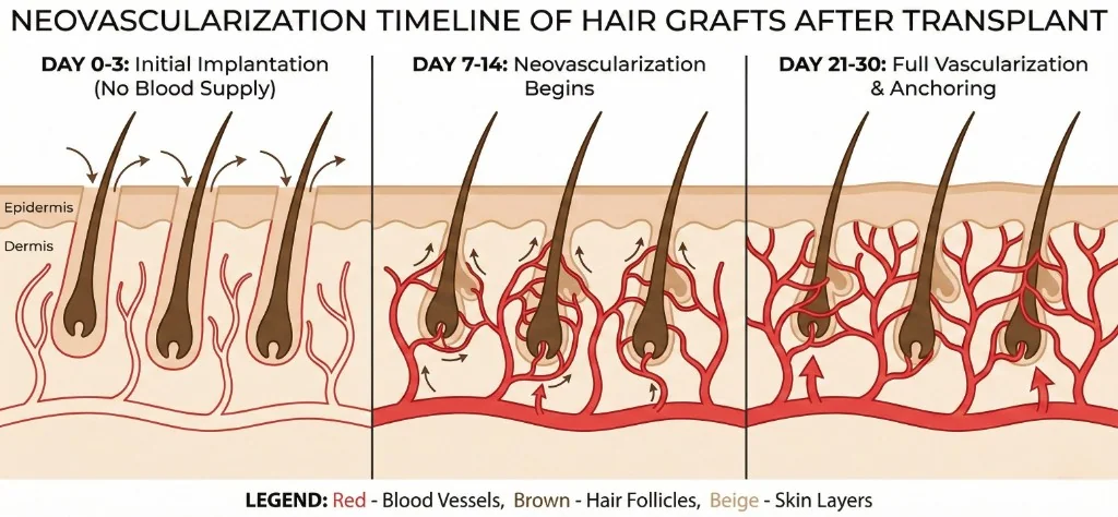 Schéma médical de la chronologie de néovascularisation des greffons capillaires après greffe : J0-J3 implantation initiale sans vascularisation, J7-J14 début de formation de nouveaux capillaires autour des follicules, J21-J30 ancrage complet avec vascularisation totale des greffons