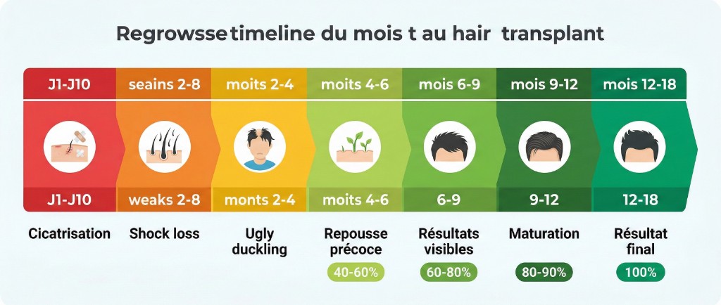 Infographie chronologique de la repousse après greffe de cheveux sur 18 mois : cicatrisation J1-J10 (rouge), shock loss semaines 2-8 (orange), ugly duckling mois 2-4 (jaune), repousse précoce mois 4-6 à 40-60 % (vert clair), résultats visibles mois 6-9 à 60-80 % (vert), maturation mois 9-12 à 80-90 % (vert foncé), résultat final mois 12-18 à 100 % (émeraude)