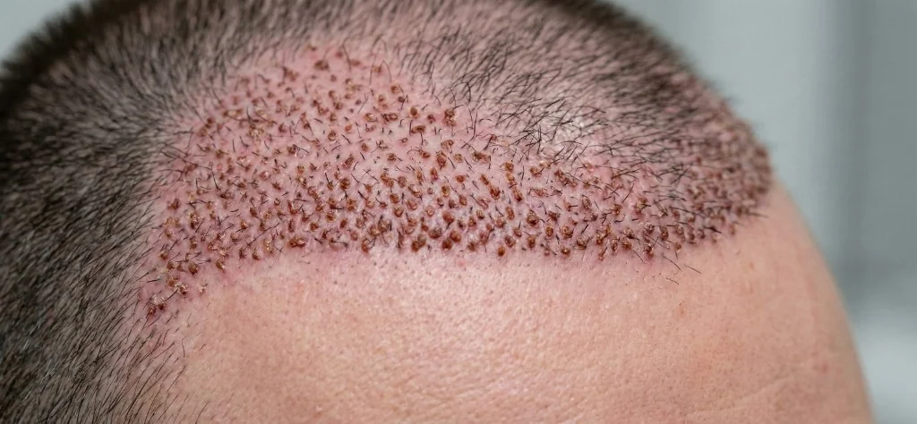 Cicatrisation Greffe de Cheveux Jour 5 — Micro-croûtes et Greffons | Renaissance Clinique Cicatrisation post-greffe capillaire à J5 : vue rapprochée de la zone receveuse avec micro-croûtes en formation autour de chaque greffon implanté, rougeurs rosées légères sur le cuir chevelu, cheveux natifs environnants visibles