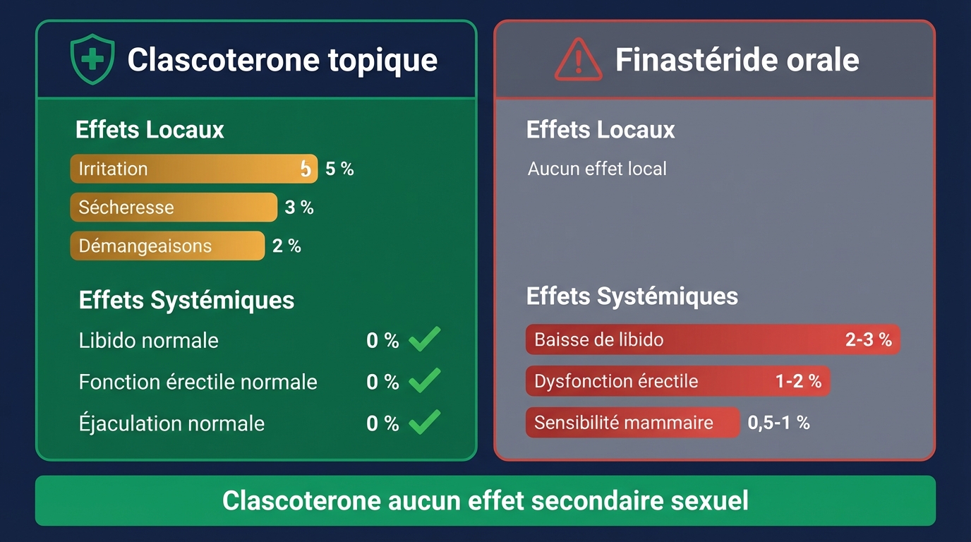 Infographie comparative des effets secondaires topique vs systémique : colonne gauche (vert) Clascotérone topique — 0 % baisse de libido, 0 % dysfonction érectile, 0 % diminution éjaculat, < 5 % irritation locale, adapté femmes ; colonne droite (rouge) Finastéride oral — 1-3 % baisse de libido, 1-3 % dysfonction érectile, 1,2 % diminution éjaculat, 0 % irritation locale, contre-indiqué femmes