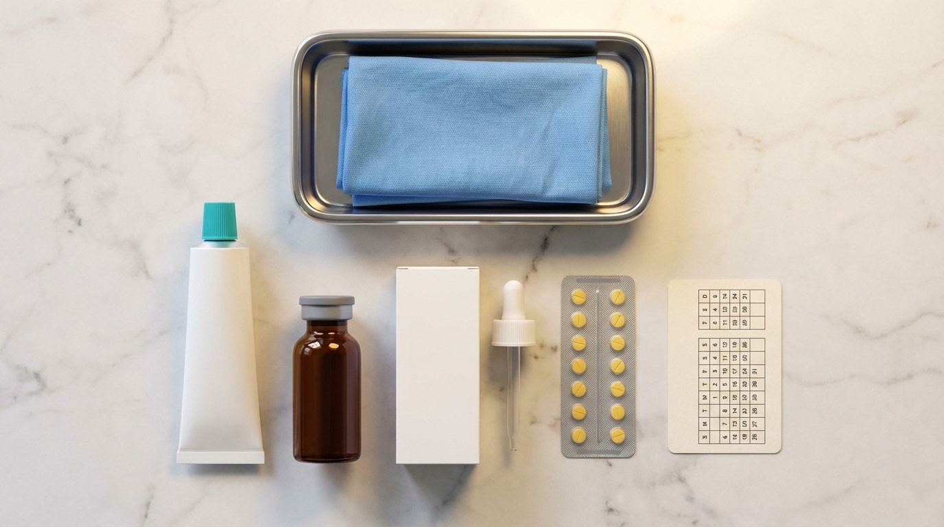 Protocole de traitement combiné sur un bureau médical : tube de crème clascotérone Breezula 7,5 %, flacon de PRP pour injection capillaire et bouteille de minoxidil 5 % — les trois piliers du traitement médical complémentaire à la greffe de cheveux FUE/Choi Pen pour une protection optimale des cheveux natifs