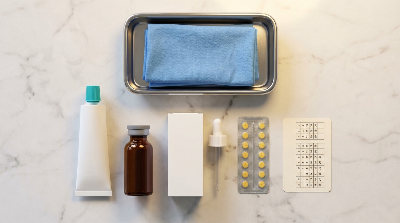 Protocole de traitement combiné sur un bureau médical : tube de crème clascotérone Breezula 7,5 %, flacon de PRP pour injection capillaire et bouteille de minoxidil 5 % — les trois piliers du traitement médical complémentaire à la greffe de cheveux FUE/DHI pour une protection optimale des cheveux natifs