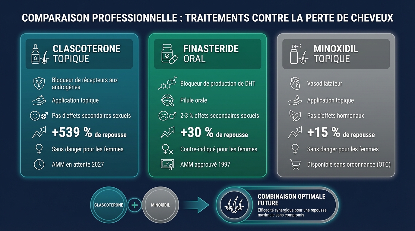 Infographie triple comparaison : colonne gauche (teal) Clascotérone Breezula 7,5 % — anti-androgène topique, bloque les récepteurs dans le follicule, DHT sanguine intacte, 0 % effets sexuels, adapté aux femmes ; colonne centrale (bleu) Finastéride 1 mg — inhibiteur 5-alpha-réductase oral, -70 % DHT sanguine, 1-3 % effets sexuels, contre-indiqué femmes ; colonne droite (violet) Minoxidil 5 % — vasodilatateur topique, stimule la vascularisation, pas d'action anti-androgène, aucun effet sexuel