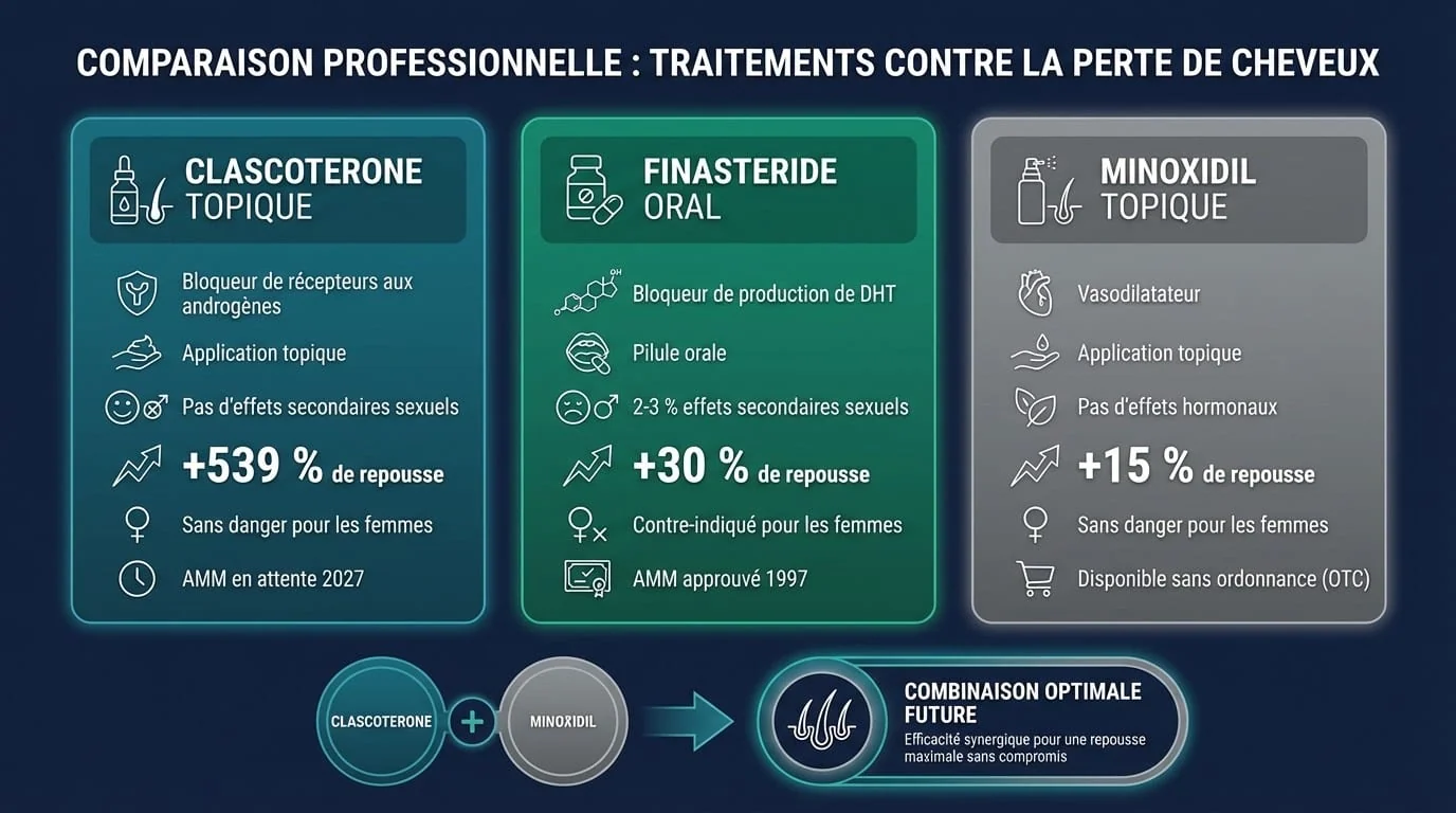 Clascotérone vs Finastéride vs Minoxidil : comparaison triple des traitements anti-alopécie | Renaissance Clinique Infographie triple comparaison : colonne gauche (teal) Clascotérone Breezula 7,5 % — anti-androgène topique, bloque les récepteurs dans le follicule, DHT sanguine intacte, 0 % effets sexuels, adapté aux femmes ; colonne centrale (bleu) Finastéride 1 mg — inhibiteur 5-alpha-réductase oral, -70 % DHT sanguine, 1-3 % effets sexuels, contre-indiqué femmes ; colonne droite (violet) Minoxidil 5 % — vasodilatateur topique, stimule la vascularisation, pas d'action anti-androgène, aucun effet sexuel