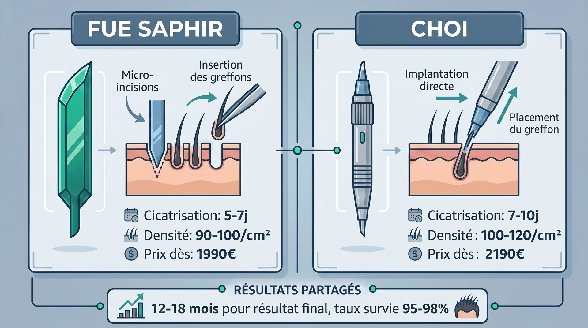 Comparaison FUE Saphir vs Choi Pen — Techniques, Cicatrisation, Densité et Prix | Renaissance Clinique Infographie comparative FUE Saphir vs Choi Pen : à gauche, technique FUE Saphir avec lame en cristal de saphir, micro-incisions et insertion des greffons (cicatrisation 5-7j, densité 90-100/cm², prix dès 1 990 €) ; à droite, technique Choi Pen avec stylo Choi, implantation directe et placement du greffon (cicatrisation 7-10j, densité 100-120/cm², prix dès 2 190 €) ; résultats partagés : 12-18 mois pour résultat final, taux de survie 95-98 %