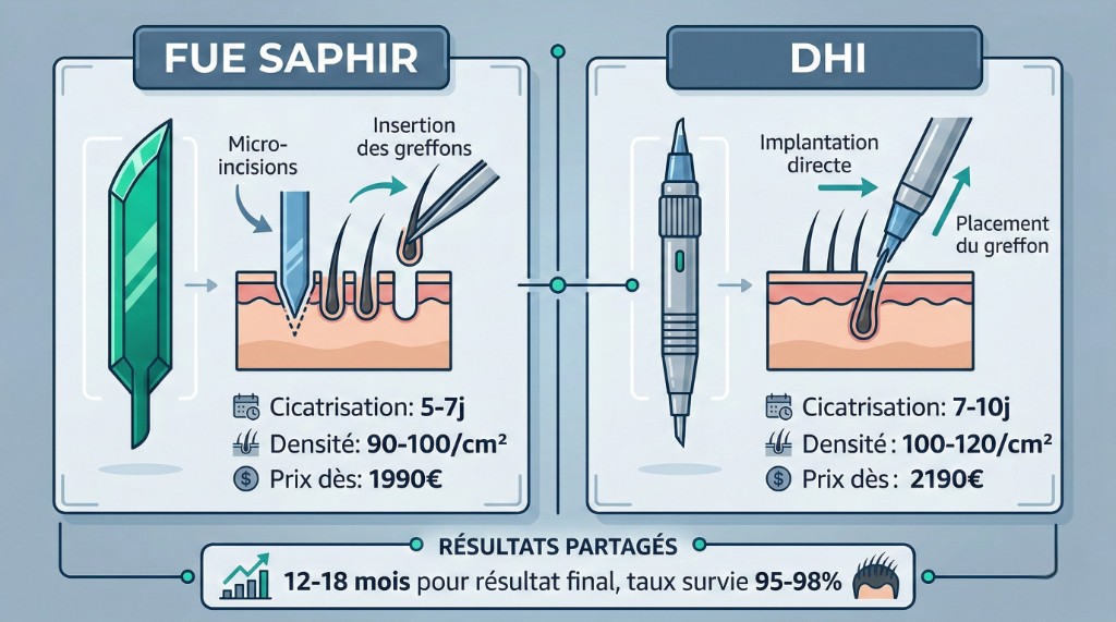 Infographie comparative FUE Saphir vs DHI : à gauche, technique FUE Saphir avec lame en cristal de saphir, micro-incisions et insertion des greffons (cicatrisation 5-7j, densité 90-100/cm², prix dès 1 990 €) ; à droite, technique DHI avec stylo Choi, implantation directe et placement du greffon (cicatrisation 7-10j, densité 100-120/cm², prix dès 2 190 €) ; résultats partagés : 12-18 mois pour résultat final, taux de survie 95-98 %