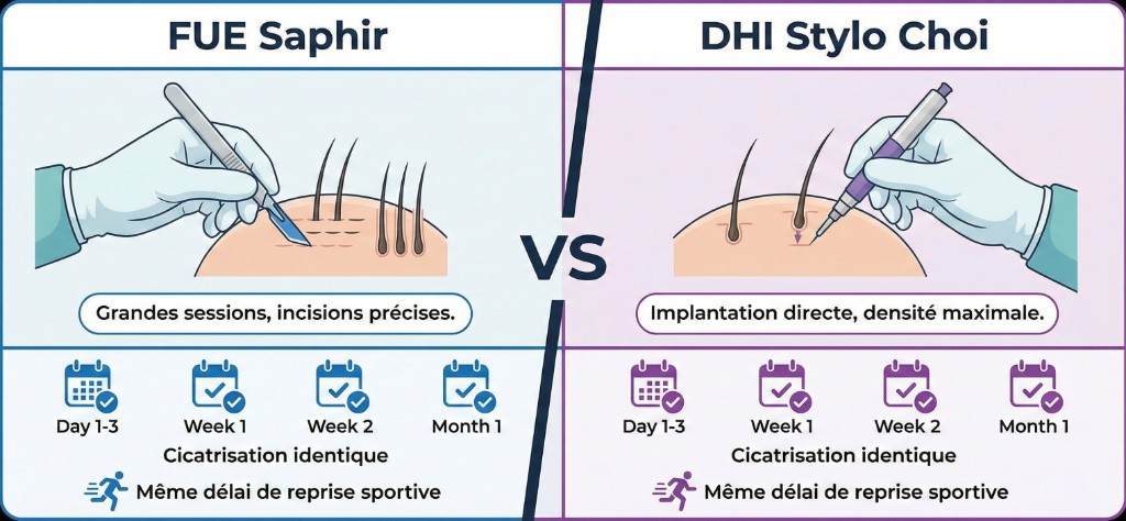 Comparaison visuelle FUE Saphir vs DHI Stylo Choi pour sportifs : à gauche la technique FUE Saphir (lame saphir, grandes sessions, incisions précises), à droite la technique DHI (stylo Choi, implantation directe, densité maximale) — cicatrisation identique (J1-3, semaine 1, semaine 2, mois 1) et même délai de reprise sportive