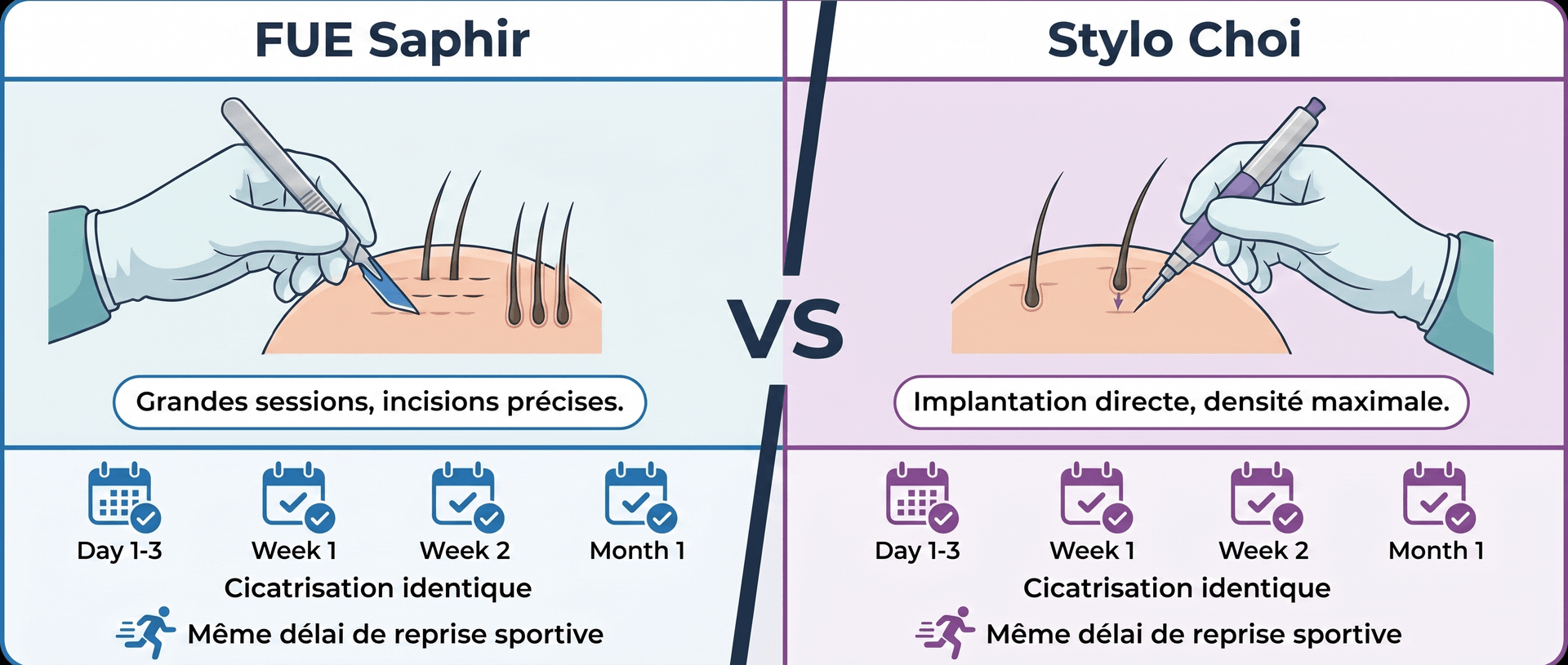 Comparaison FUE Saphir vs Choi Pen Stylo Choi pour sportifs — Cicatrisation et reprise sportive identiques | Renaissance Clinique Comparaison visuelle FUE Saphir vs Choi Pen Stylo Choi pour sportifs : à gauche la technique FUE Saphir (lame saphir, grandes sessions, incisions précises), à droite la technique Choi Pen (stylo Choi, implantation directe, densité maximale) — cicatrisation identique (J1-3, semaine 1, semaine 2, mois 1) et même délai de reprise sportive