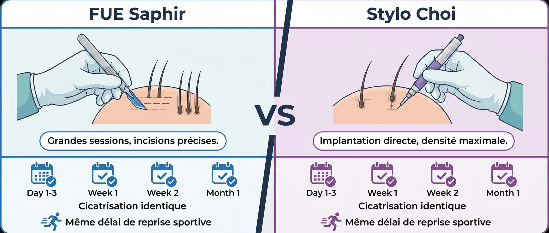 Comparaison visuelle FUE Saphir vs Choi Pen Stylo Choi pour sportifs : à gauche la technique FUE Saphir (lame saphir, grandes sessions, incisions précises), à droite la technique Choi Pen (stylo Choi, implantation directe, densité maximale) — cicatrisation identique (J1-3, semaine 1, semaine 2, mois 1) et même délai de reprise sportive