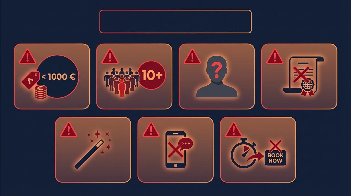 Infographie des 7 signaux d'alarme pour identifier une usine à greffes en Turquie — prix trop bas, chirurgien absent, volume excessif