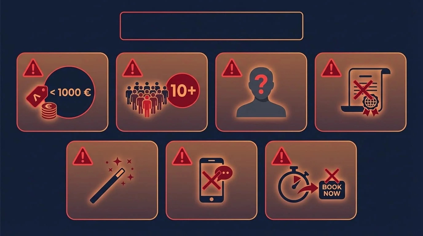 Infographie des 7 signaux d'alarme pour identifier une usine à greffes en Turquie — prix trop bas, chirurgien absent, volume excessif