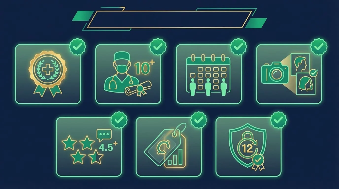 Infographie des 7 signaux de confiance pour identifier une clinique capillaire fiable en Turquie — autorisation d'exercice, chirurgien identifié, suivi 12 mois
