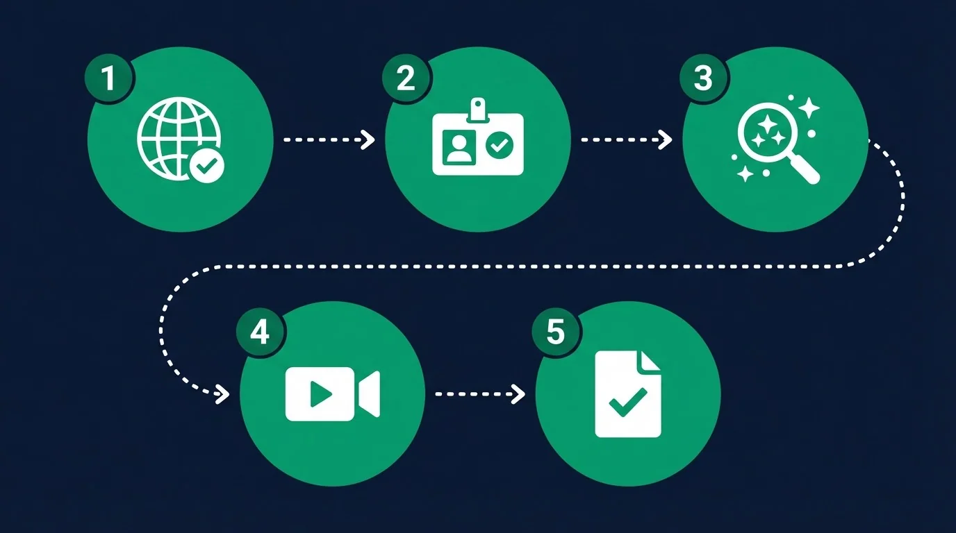 Infographie montrant les 5 étapes pour vérifier une clinique capillaire en Turquie — autorisation d'exercice, Turkish Medical Council, avis Google, appel vidéo