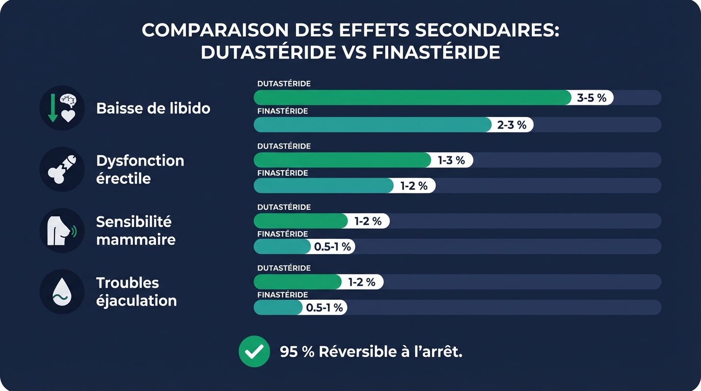Effets secondaires du dutastéride vs finastéride : fréquence comparée et profil de réversibilité | Renaissance Clinique Infographie des effets secondaires du dutastéride vs finastéride : barres horizontales comparant la fréquence de chaque effet — baisse de libido (dutastéride 3-5 % vs finastéride 1,8 %), dysfonction érectile (1-3 % vs 1,3 %), diminution volume éjaculat (1-2 % vs 1,2 %), gynécomastie (< 1 % vs < 0,5 %), dépression (données contradictoires pour les deux). Encadré demi-vie : dutastéride 5 semaines (effets persistent longtemps) vs finastéride 6 heures (effets réversibles rapidement)