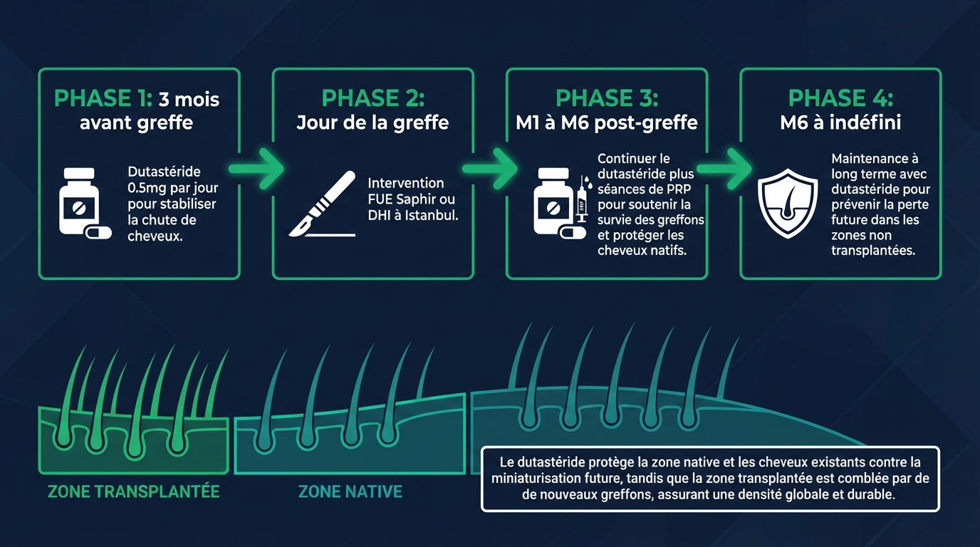 Protocole combiné dutastéride + greffe de cheveux : stratégie optimale en 4 phases | Renaissance Clinique Infographie du protocole combiné dutastéride + greffe capillaire en 4 étapes : Phase 1 (6-12 mois avant) — initier le dutastéride 0,5 mg pour stabiliser la chute et préparer le terrain ; Phase 2 (évaluation pré-chirurgicale) — trichoscopie, bilan sanguin, classification Norwood, planification des greffons ; Phase 3 (intervention chirurgicale) — greffe FUE Saphir ou DHI à Istanbul, 1 journée, hôtel 3 nuits ; Phase 4 (post-greffe) — continuer le dutastéride à vie pour protéger les cheveux natifs, suivi 12 mois