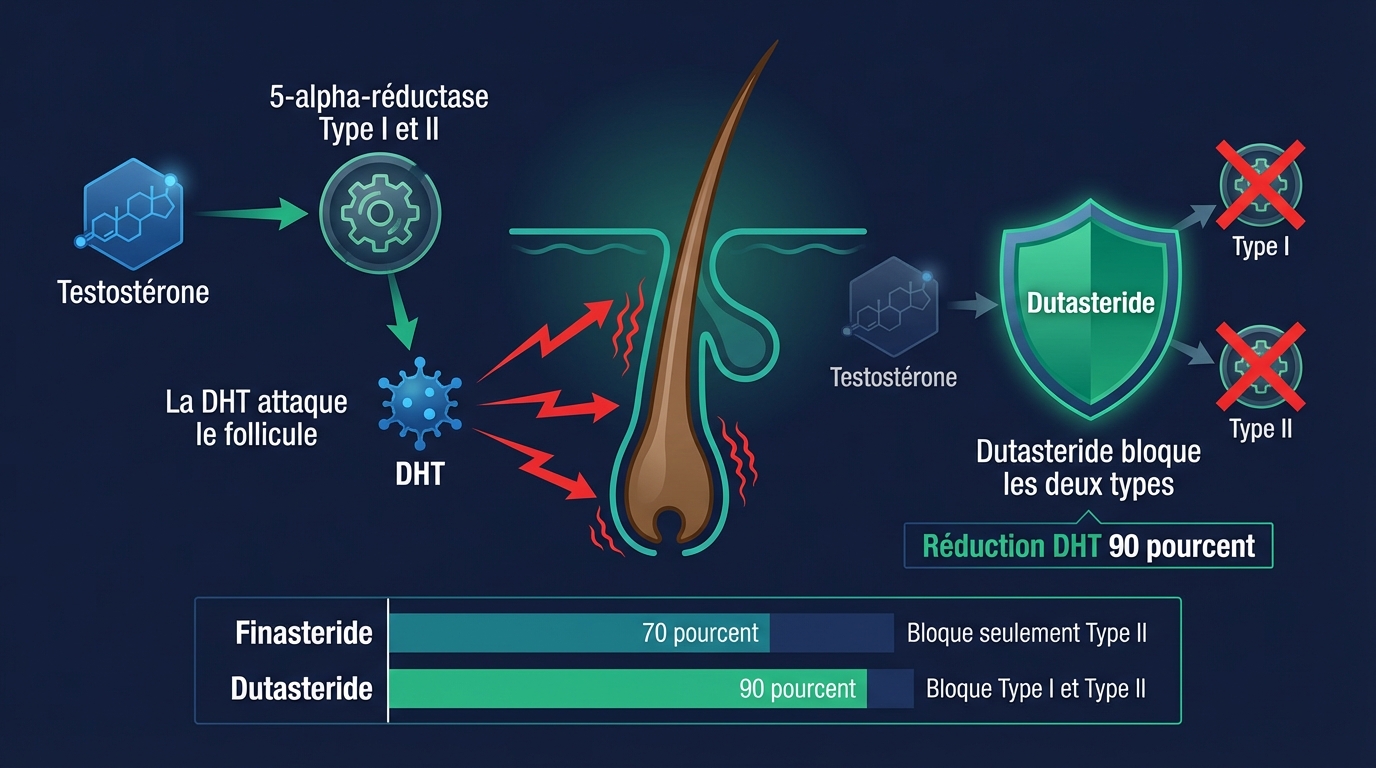 Mécanisme d'action du dutastéride : double blocage des enzymes 5-alpha-réductase type I et type II — Réduction de 90 % de la DHT | Renaissance Clinique Schéma médical du mécanisme d'action du dutastéride : à gauche (SANS TRAITEMENT), la testostérone est convertie en DHT par les enzymes 5-alpha-réductase de type I (cuir chevelu, foie, peau) et de type II (cuir chevelu, prostate), les deux voies enzymatiques alimentent la production de DHT qui attaque le follicule pileux en 4 stades de miniaturisation ; à droite (AVEC DUTASTÉRIDE), le bouclier violet bloque simultanément les deux types d'enzyme, réduisant la DHT de 90 %, contre seulement 70 % pour le finastéride qui ne bloque que le type II