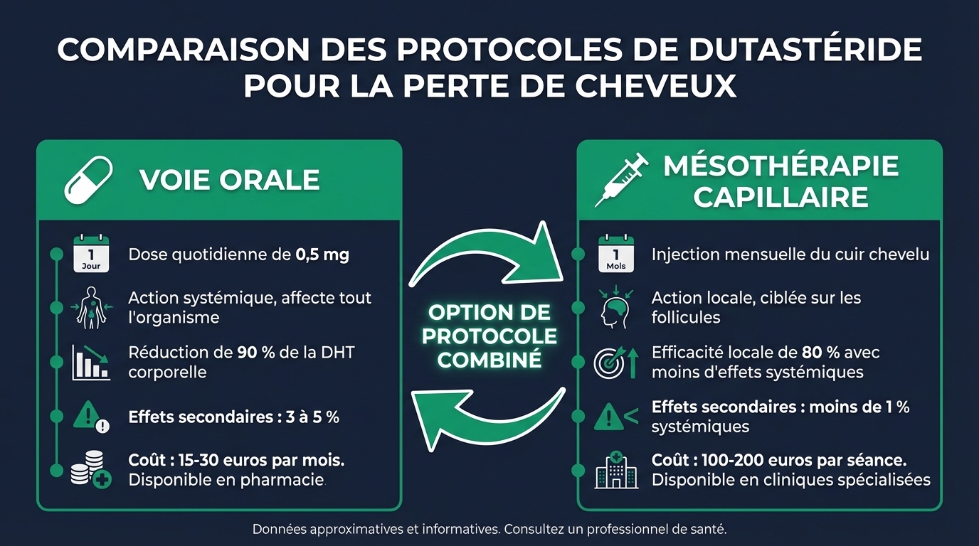 Protocoles dutastéride oral vs mésothérapie : comparaison des deux voies d'administration | Renaissance Clinique Infographie comparative des deux protocoles d'administration du dutastéride : à gauche, Voie Orale — capsule molle 0,5 mg/jour, prise quotidienne avec ou sans nourriture, action systémique (−90 % DHT sérique), adapté au traitement de fond à long terme, coût 15-40 €/mois ; à droite, Mésothérapie — injection de dutastéride dilué directement dans le cuir chevelu, 1 session/mois pendant 6 mois puis 1 session/3 mois, action locale ciblée avec moins d'effets systémiques, coût 100-300 €/session, protocole d'étude Saceda-Corralo 2022