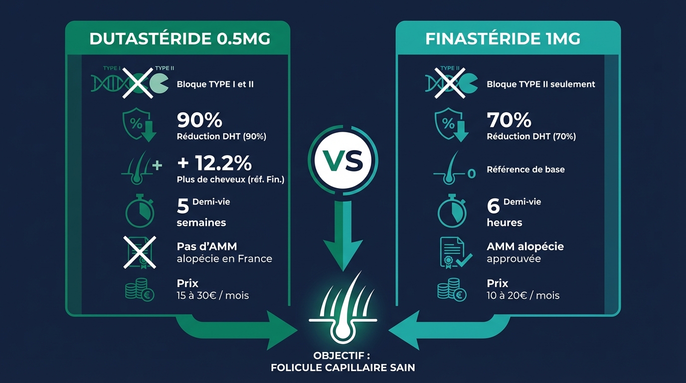 Dutastéride vs Finastéride : comparaison complète — efficacité, pharmacocinétique et statut réglementaire | Renaissance Clinique Infographie comparative dutastéride vs finastéride : colonne gauche (violet) Dutastéride 0,5 mg — inhibiteur dual type I + II, −90 % DHT, +12,2 % densité vs finastéride, demi-vie 5 semaines, hors AMM alopécie en France, approuvé Corée/Japon ; colonne droite (bleu) Finastéride 1 mg — inhibiteur type II uniquement, −70 % DHT, référence gold standard, demi-vie 6 heures, AMM alopécie en France depuis 1997, 25+ ans de recul clinique