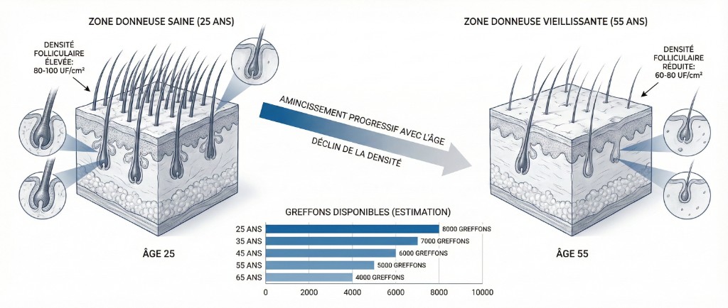 Diagramme médical comparatif de la zone donneuse selon l'âge : à gauche, coupe anatomique du cuir chevelu à 25 ans avec densité folliculaire élevée (80-100 UF/cm², follicules denses et épais) ; à droite, cuir chevelu vieillissant à 55 ans avec densité réduite (60-80 UF/cm², follicules amincis et espacés). Au centre : flèche d'amincissement progressif avec le déclin de la densité. En bas : graphique à barres horizontales des greffons disponibles par âge — 25 ans (8 000), 35 ans (7 000), 45 ans (6 000), 55 ans (5 000), 65 ans (4 000)