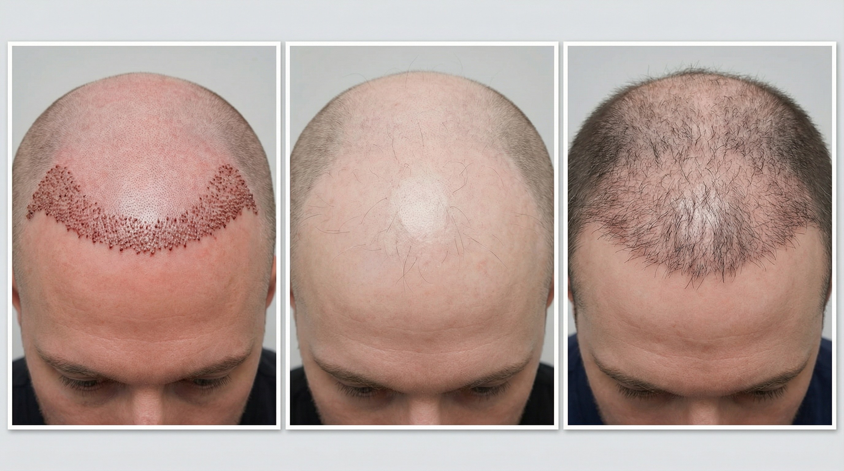 Évolution Greffe de Cheveux J0 → M3 → M6 — Progression Photographique | Renaissance Clinique Évolution photographique d'une greffe de cheveux : comparaison J0 (cuir chevelu dégarni), M3 (début de repousse fine) et M6 (40-60 % de densité visible avec ligne frontale en construction)