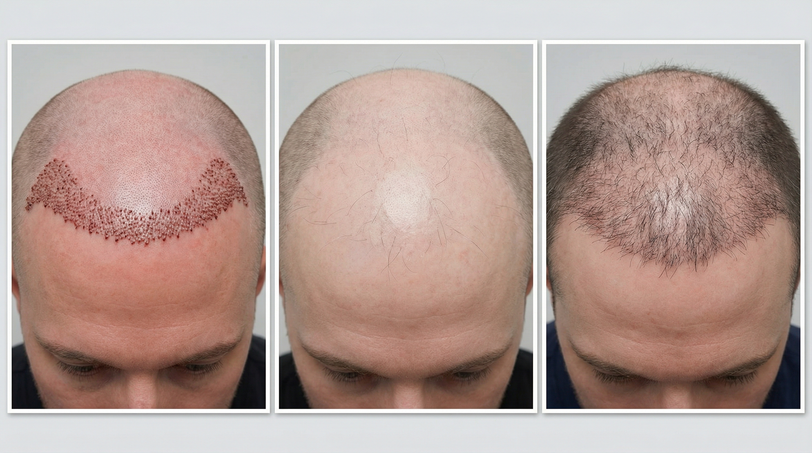 Évolution photographique d'une greffe de cheveux : comparaison J0 (cuir chevelu dégarni), M3 (début de repousse fine) et M6 (40-60 % de densité visible avec ligne frontale en construction)