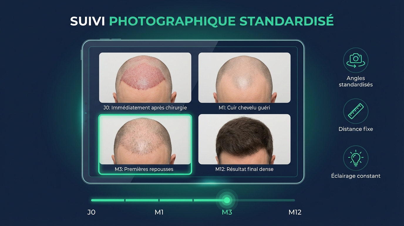 Protocole de bilan photographique à 3 mois après greffe de cheveux : 5 angles de prise de vue standardisés (dessus, face, profils, zone donneuse) pour comparer avec J0