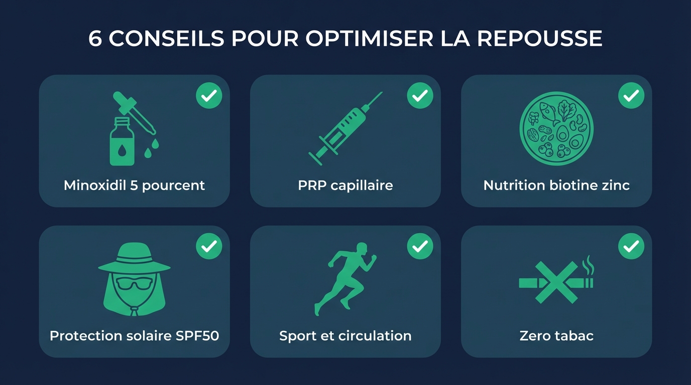 Conseils pour optimiser la repousse à 3 mois après greffe de cheveux : minoxidil, PRP, nutrition, protection solaire, finastéride et suivi photographique